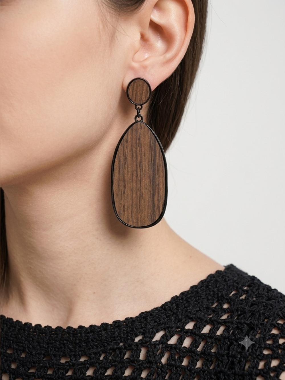 Geometric Wood & Black Metal Earrings | Modern Boho Ethnic Dangle Jewelry